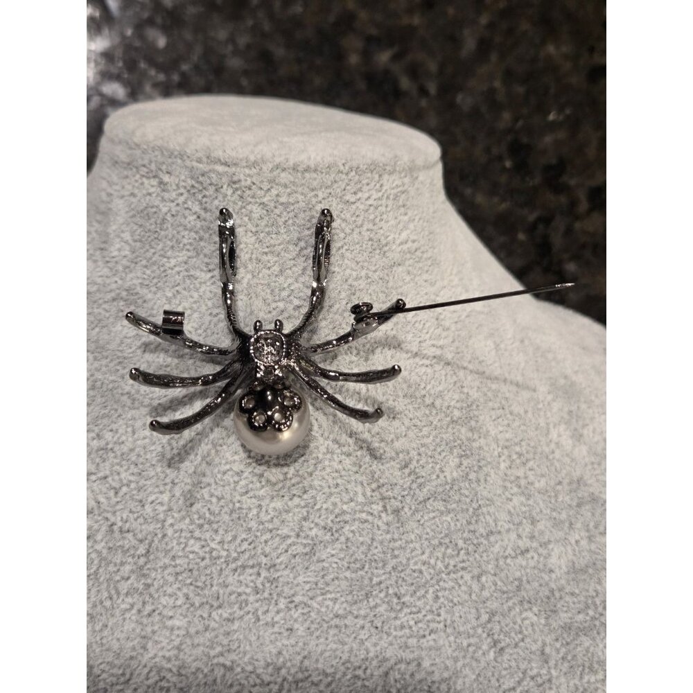 Gunmetal Spider Pendant Brooch Faux Silver Pearl Body & Black Rhinestone 2x1.75" - Picture 12 of 13